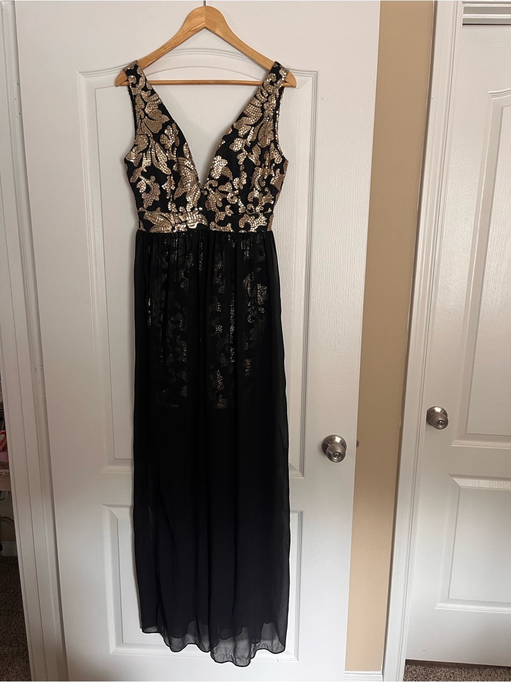 Black Maxi Dress with Gold Sequin Bodice
